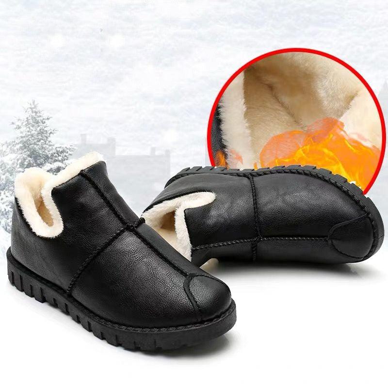 Women Winter Warm Luxury Shoes Waterproof Plush Leather Cotton Shoes Daily Home Non-slip Soft Sole Plush Lining Shoes Warm Fur Lined Booties Lace Up Flat Platform Elegant Comfortable Black Shoes Stevvex