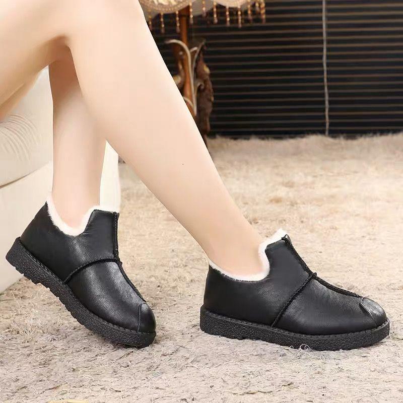 Women Winter Warm Luxury Shoes Waterproof Plush Leather Cotton Shoes Daily Home Non-slip Soft Sole Plush Lining Shoes Warm Fur Lined Booties Lace Up Flat Platform Elegant Comfortable Black Shoes Stevvex