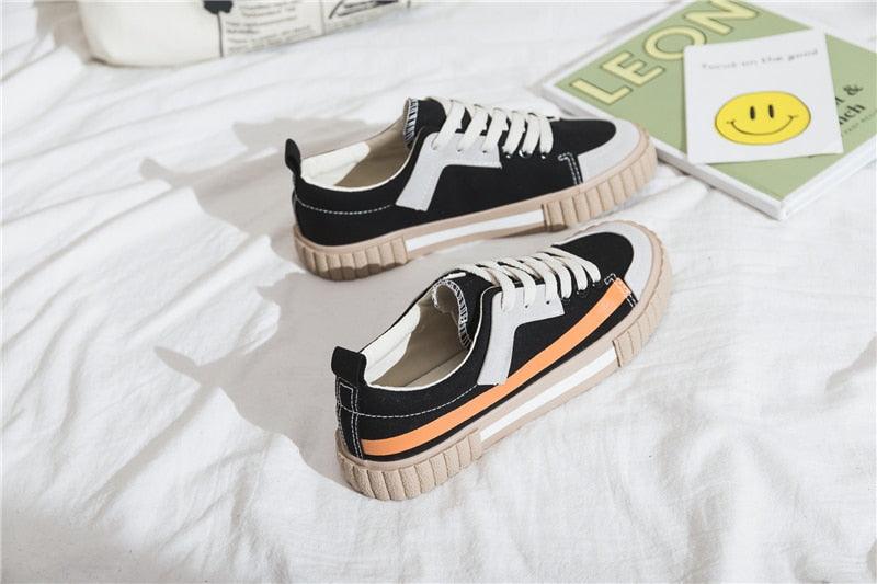 Womens New Spring Fashion Canvas Casual Flats Striped Vulcanize Fashion Style Sneakers Low-Cut Trainers Canvas Flat Sneakers Casual Slip On Canvas Comfortable Design Stevvex