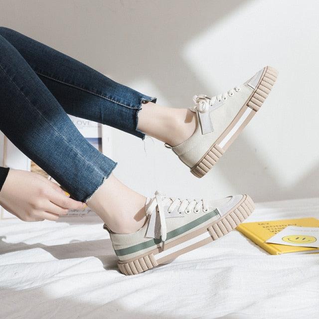 Womens New Spring Fashion Canvas Casual Flats Striped Vulcanize Fashion Style Sneakers Low-Cut Trainers Canvas Flat Sneakers Casual Slip On Canvas Comfortable Design Stevvex