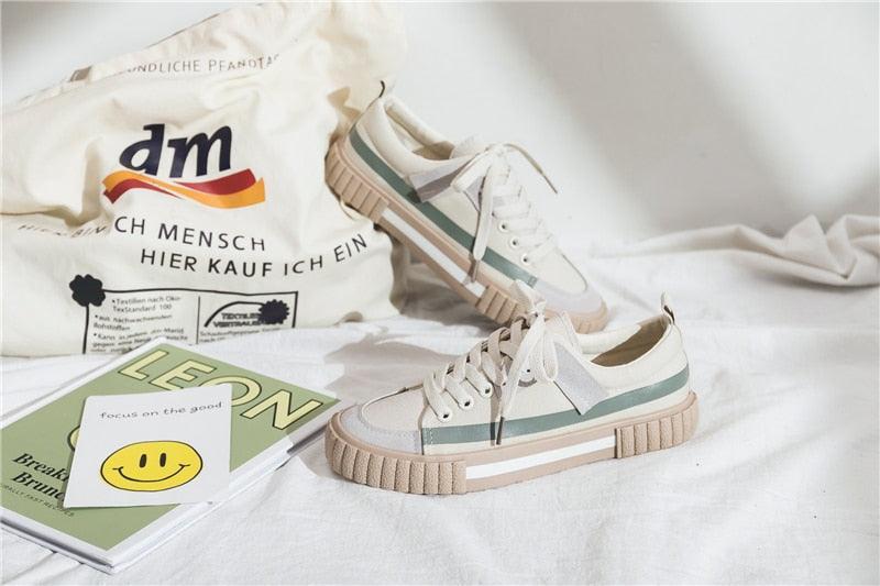 Womens New Spring Fashion Canvas Casual Flats Striped Vulcanize Fashion Style Sneakers Low-Cut Trainers Canvas Flat Sneakers Casual Slip On Canvas Comfortable Design Stevvex