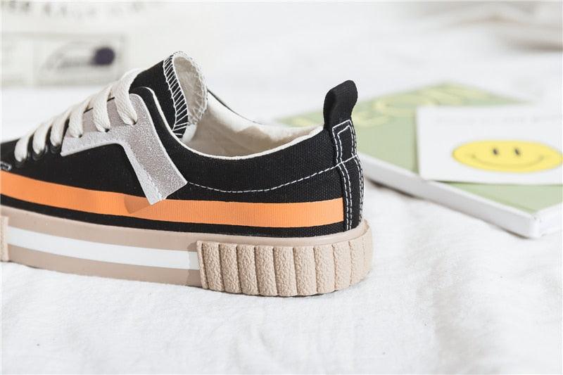 Womens New Spring Fashion Canvas Casual Flats Striped Vulcanize Fashion Style Sneakers Low-Cut Trainers Canvas Flat Sneakers Casual Slip On Canvas Comfortable Design Stevvex