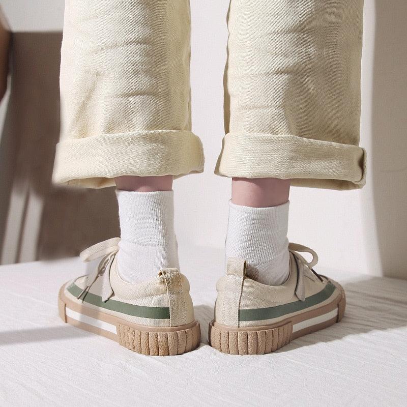 Womens New Spring Fashion Canvas Casual Flats Striped Vulcanize Fashion Style Sneakers Low-Cut Trainers Canvas Flat Sneakers Casual Slip On Canvas Comfortable Design Stevvex