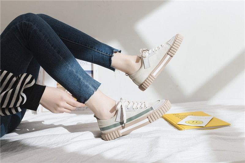 Womens New Spring Fashion Canvas Casual Flats Striped Vulcanize Fashion Style Sneakers Low-Cut Trainers Canvas Flat Sneakers Casual Slip On Canvas Comfortable Design Stevvex