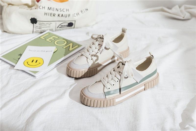 Womens New Spring Fashion Canvas Casual Flats Striped Vulcanize Fashion Style Sneakers Low-Cut Trainers Canvas Flat Sneakers Casual Slip On Canvas Comfortable Design Stevvex