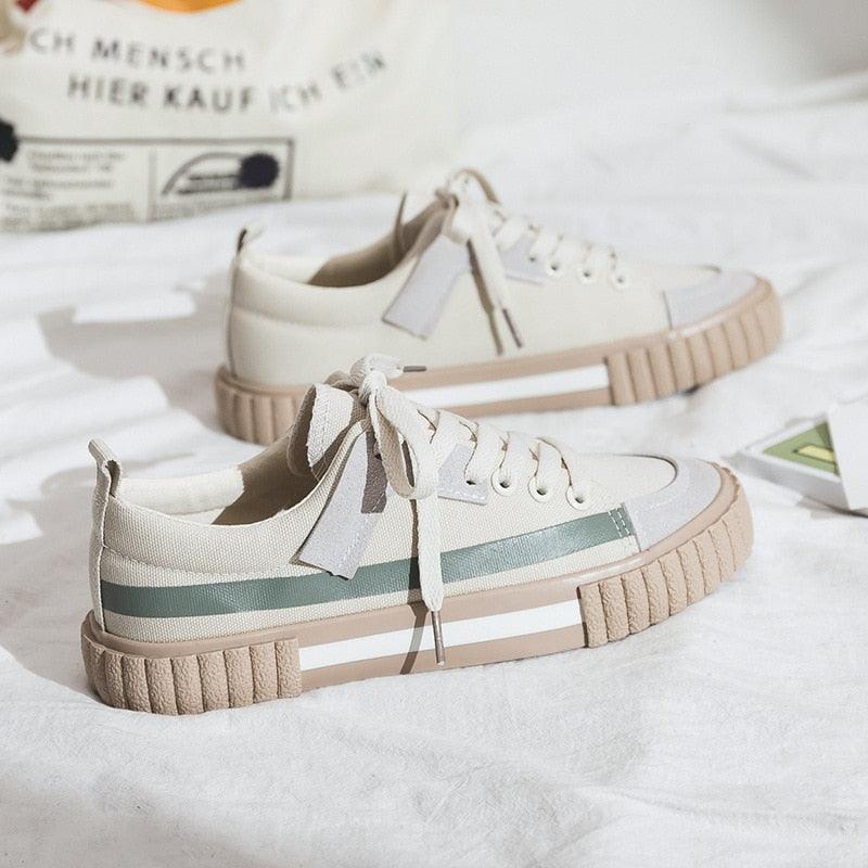 Womens New Spring Fashion Canvas Casual Flats Striped Vulcanize Fashion Style Sneakers Low-Cut Trainers Canvas Flat Sneakers Casual Slip On Canvas Comfortable Design Stevvex