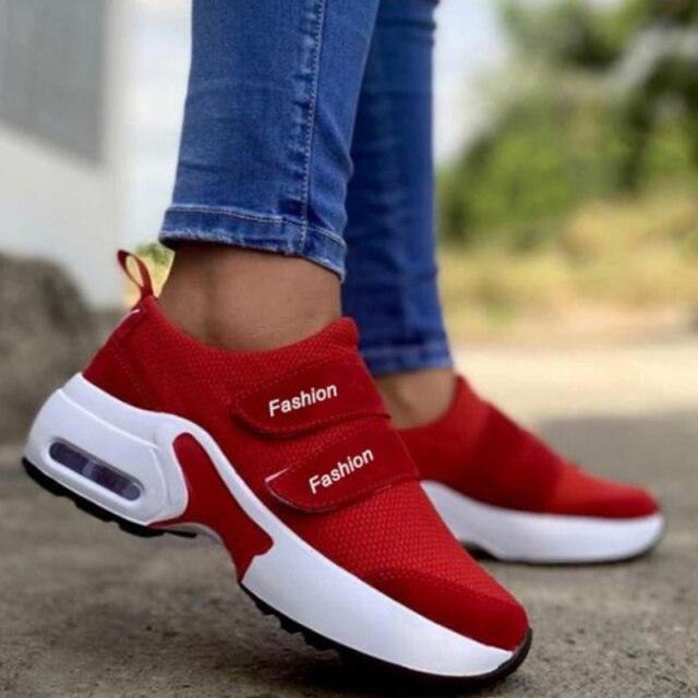Womens Red Sneakers Air Cushion Shoes Woman Mesh Sneakers Breathable Flats Womens Casual Air Cushion Sneakers Lightweight Non Slip Sport Jogging Gym Fitness Workout Tennis Walking Espadrilles Stevvex