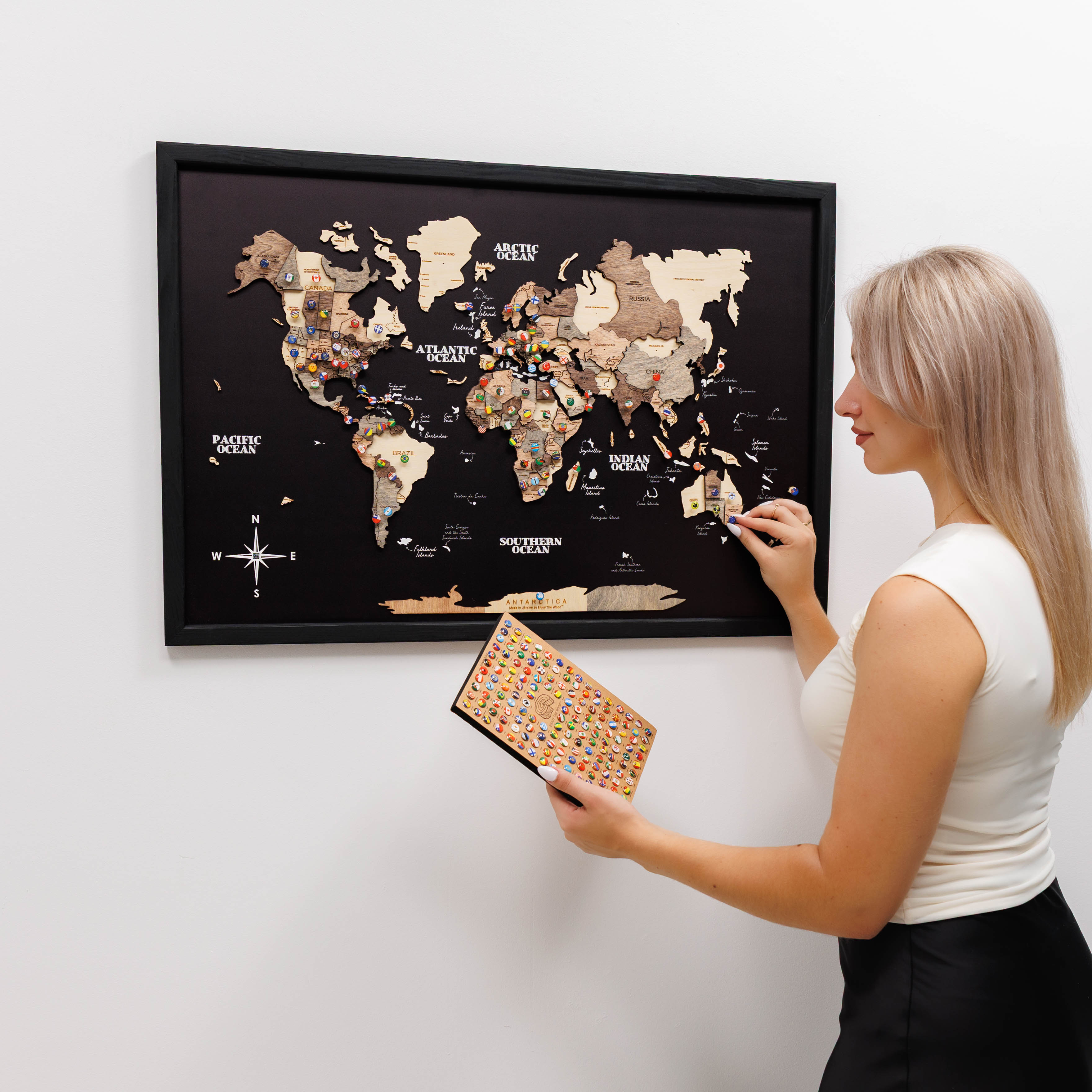 3D Wooden Panel World Map - Smokey