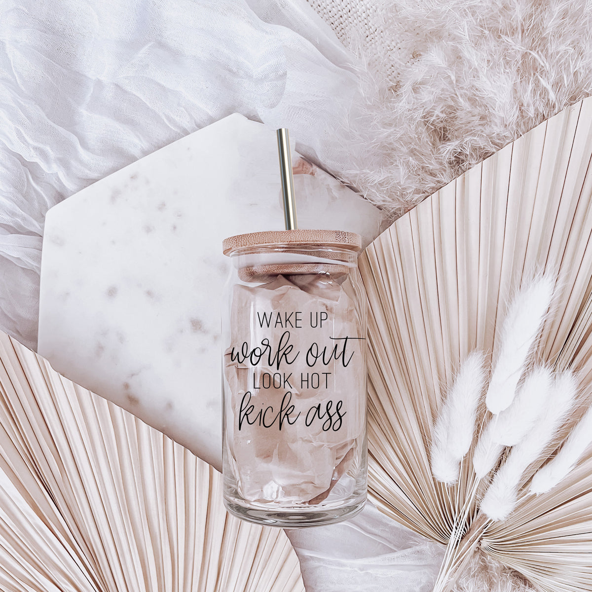 Wake Up Look Hot 17oz Glass Tumbler With Bamboo Lid - Motivational Coffee Cup BandsCo Straps