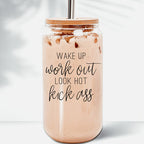 Wake Up Look Hot 17oz Glass Tumbler With Bamboo Lid - Motivational Coffee Cup BandsCo Straps