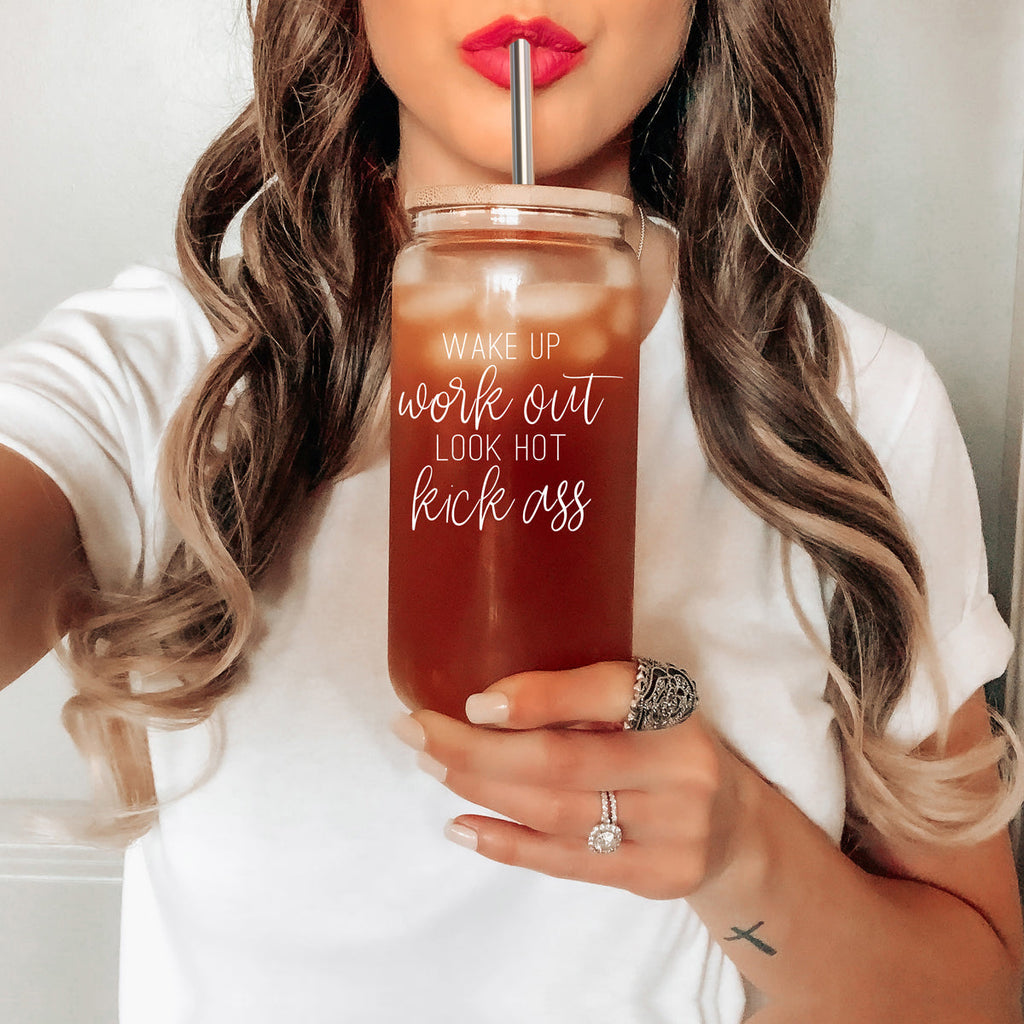 Wake Up Look Hot 17oz Glass Tumbler With Bamboo Lid - Motivational Coffee Cup BandsCo Straps