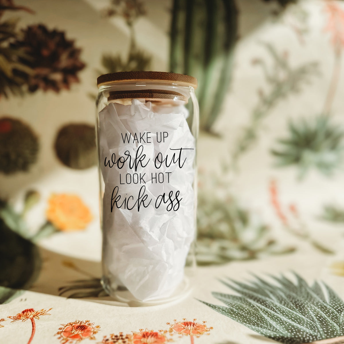 Wake Up Look Hot 17oz Glass Tumbler With Bamboo Lid - Motivational Coffee Cup BandsCo Straps