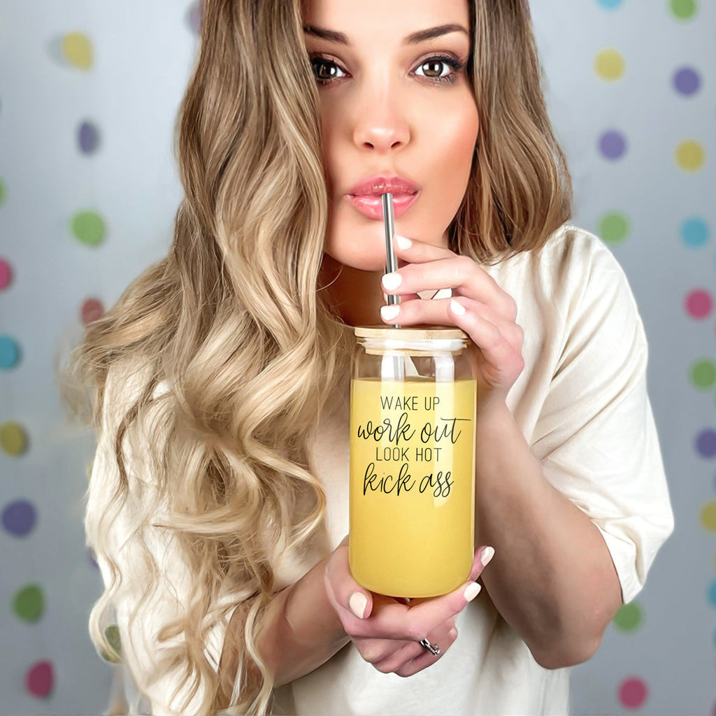 Wake Up Look Hot 17oz Glass Tumbler With Bamboo Lid - Motivational Coffee Cup BandsCo Straps
