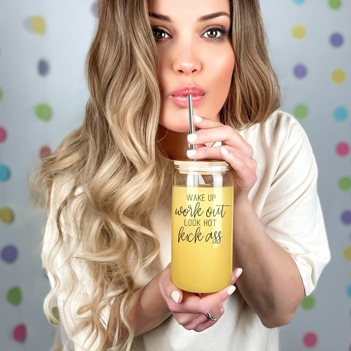 Wake Up Look Hot 17oz Glass Tumbler With Bamboo Lid - Motivational Coffee Cup BandsCo Straps