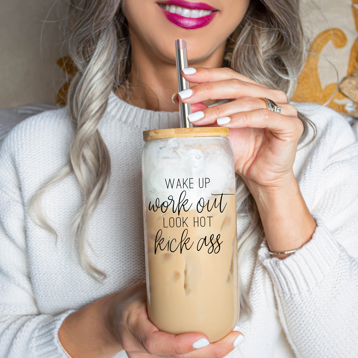 Wake Up Look Hot 17oz Glass Tumbler With Bamboo Lid - Motivational Coffee Cup BandsCo Straps