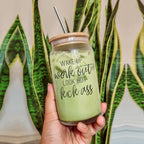 Wake Up Look Hot 17oz Glass Tumbler With Bamboo Lid - Motivational Coffee Cup BandsCo Straps