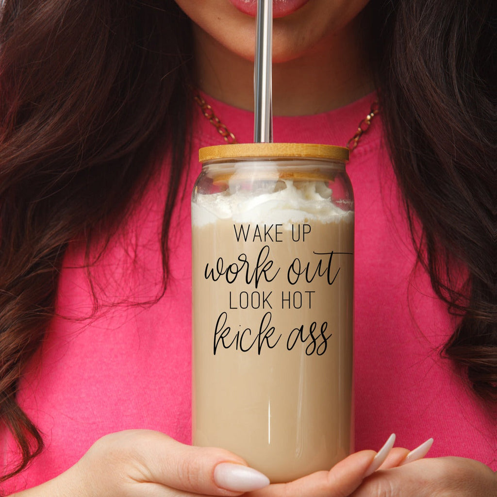 Wake Up Look Hot 17oz Glass Tumbler With Bamboo Lid - Motivational Coffee Cup BandsCo Straps
