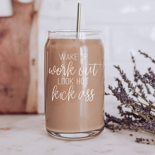 Wake Up Look Hot 17oz Glass Tumbler With Bamboo Lid - Motivational Coffee Cup BandsCo Straps