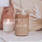 Wake Up Look Hot 17oz Glass Tumbler With Bamboo Lid - Motivational Coffee Cup BandsCo Straps