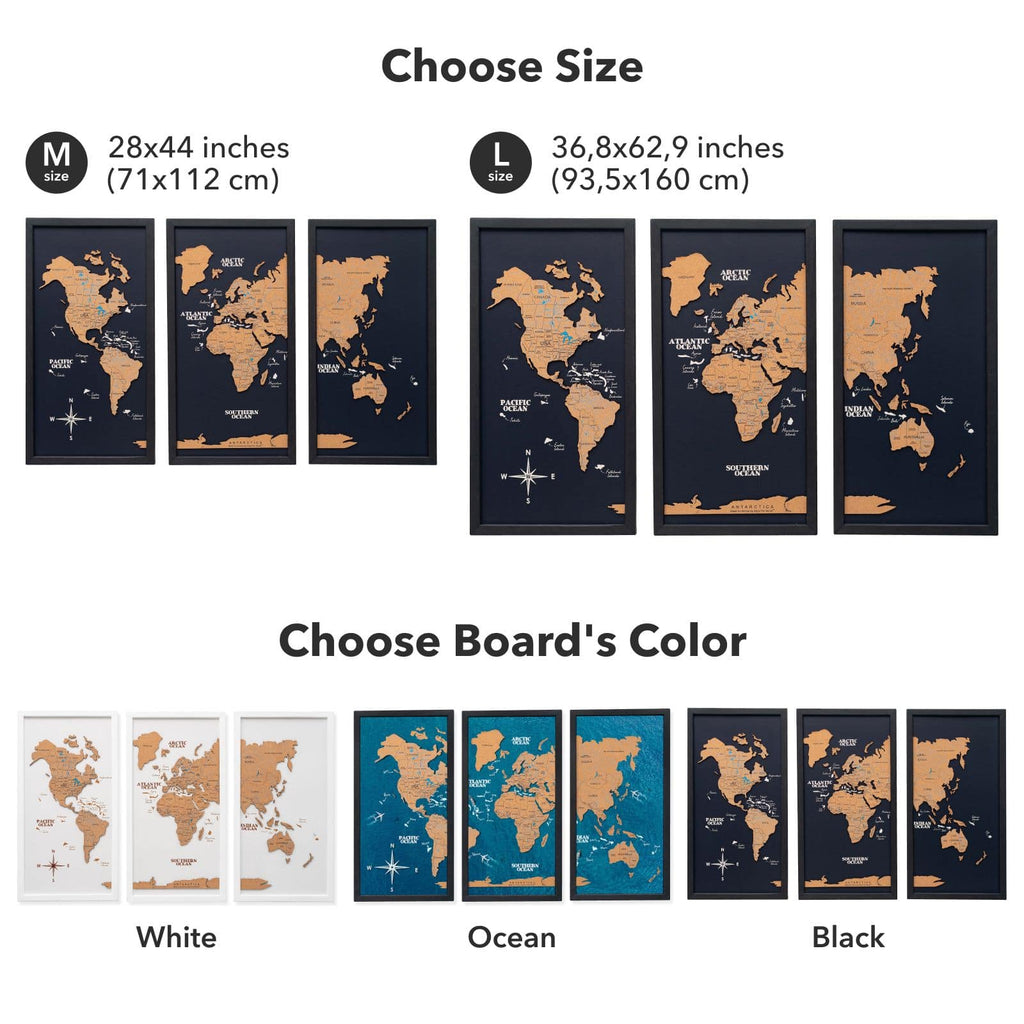 Cork world map triptych - Black - SJB-DIAMOND ELITES