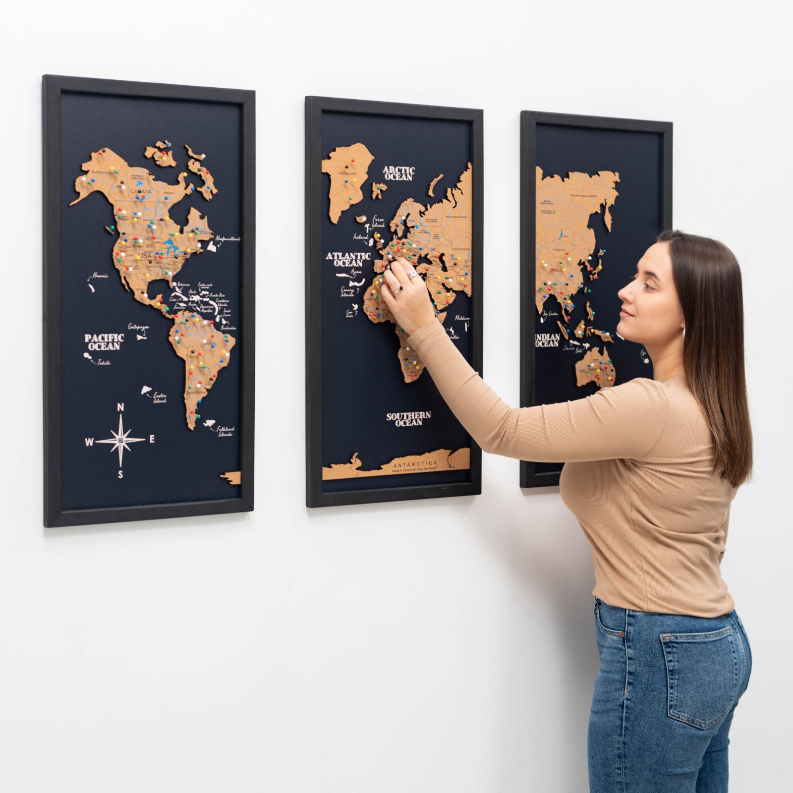 Cork world map triptych - Black - SJB-DIAMOND ELITES