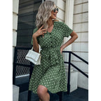 European And American Summer V Neck Short Sleeved Ruffled Polka Dot Dress Pi-Mart