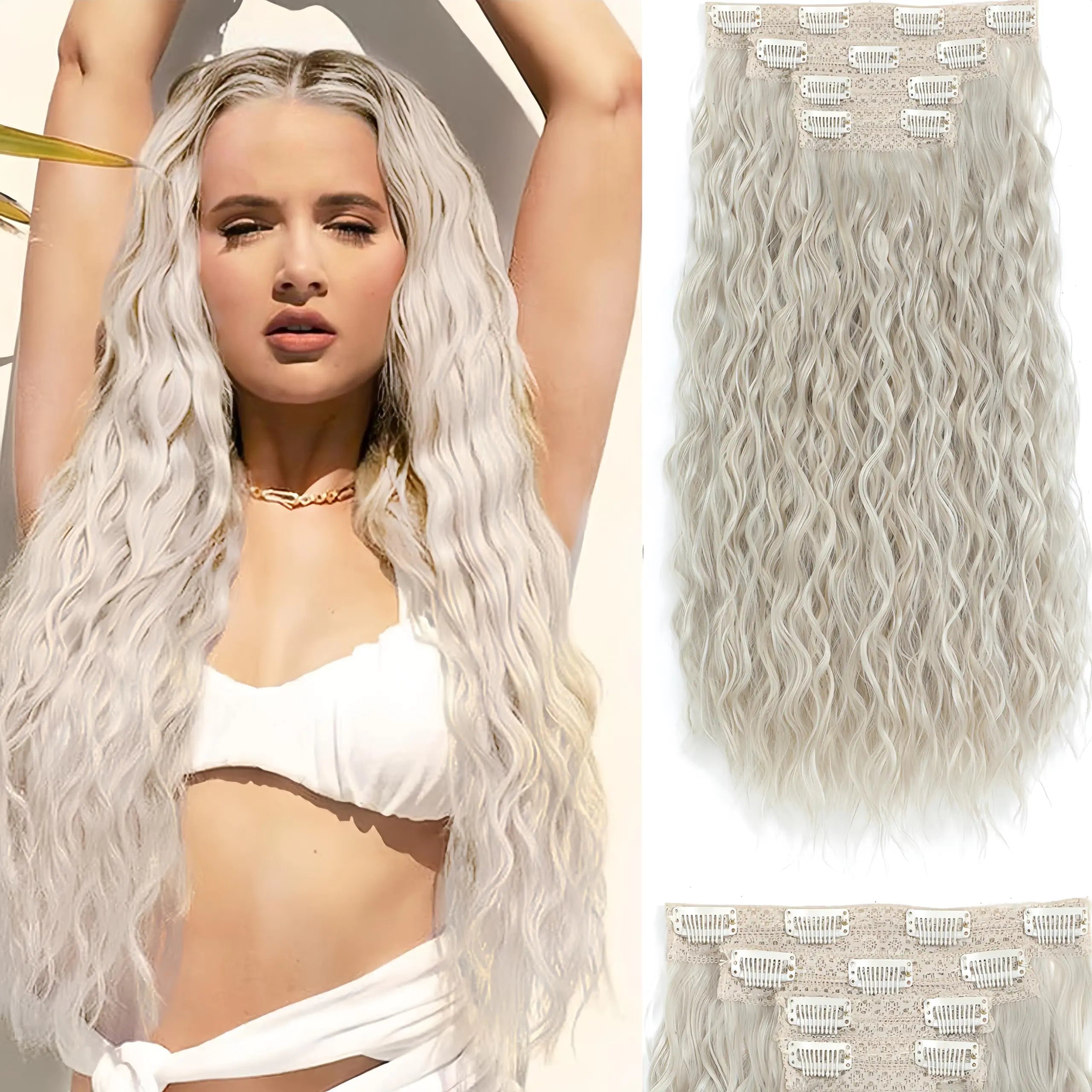 Silver Platinum Clip in Hair Extensions Hair Extensions Clip Ins 18 Inch Synthetic Curly Wavy Hair Extensions Long Thick Clip on Hair Extensions for Women Hairpieces(Silver Platinum) Pi-Mart