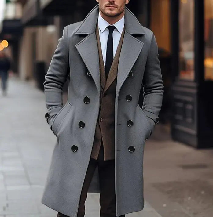 Fall Winter Men Woolen Coat Double Breasted Long Pi-Mart