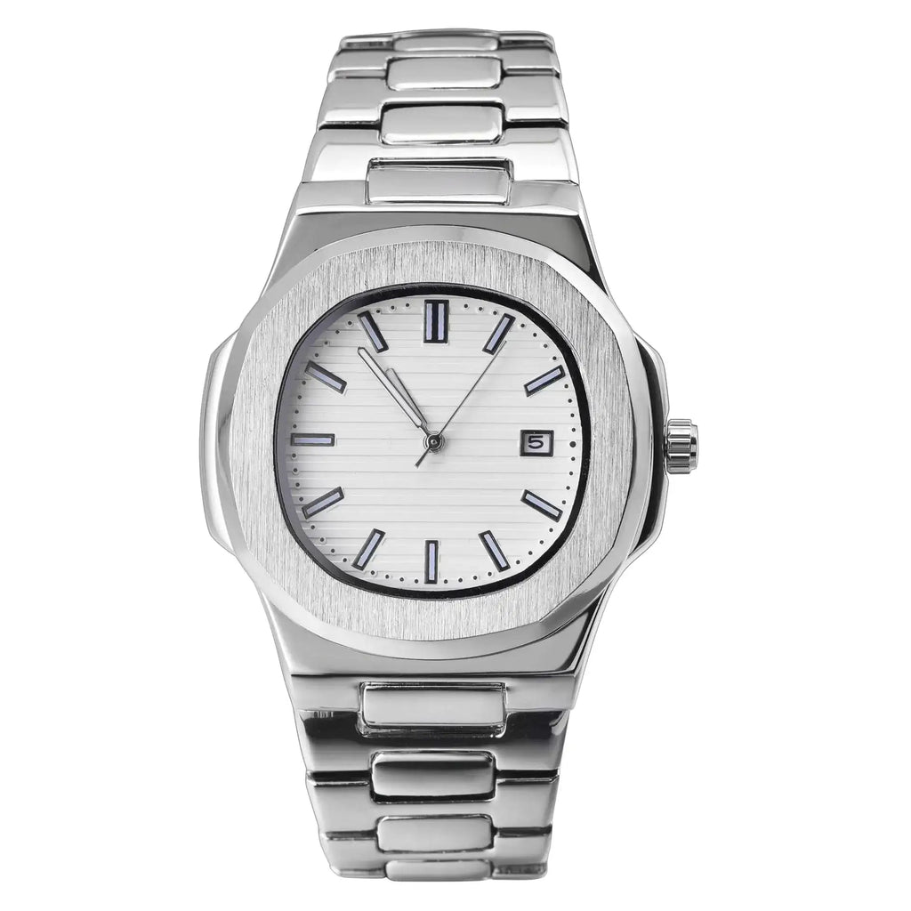 BARAMON Wrist Watches for Men Nautilus Stainless Steel Quartz Movement Date Luxury Style Mens Luminous Hands Casual Business Watches