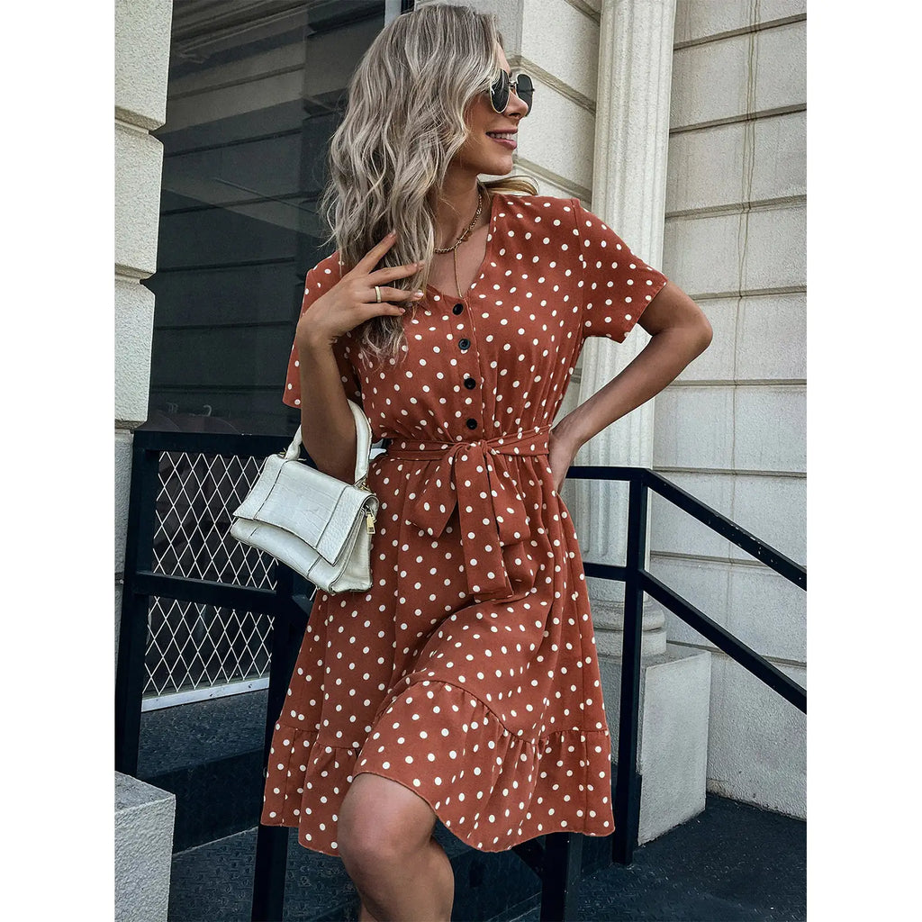 European And American Summer V Neck Short Sleeved Ruffled Polka Dot Dress Pi-Mart