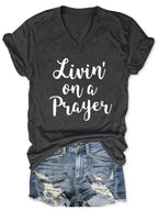 Women's Livin' On A Prayer V-Neck Shirt Pi-Mart