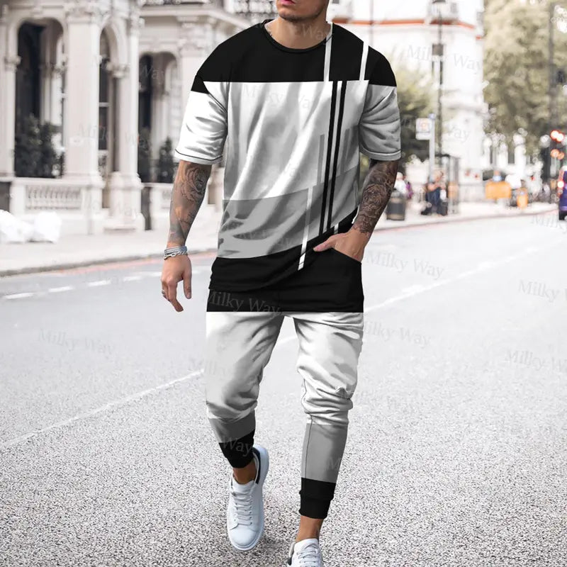 Men's Summer Tracksuit Stripe Print T-shirt Trousers Set Pi-Mart