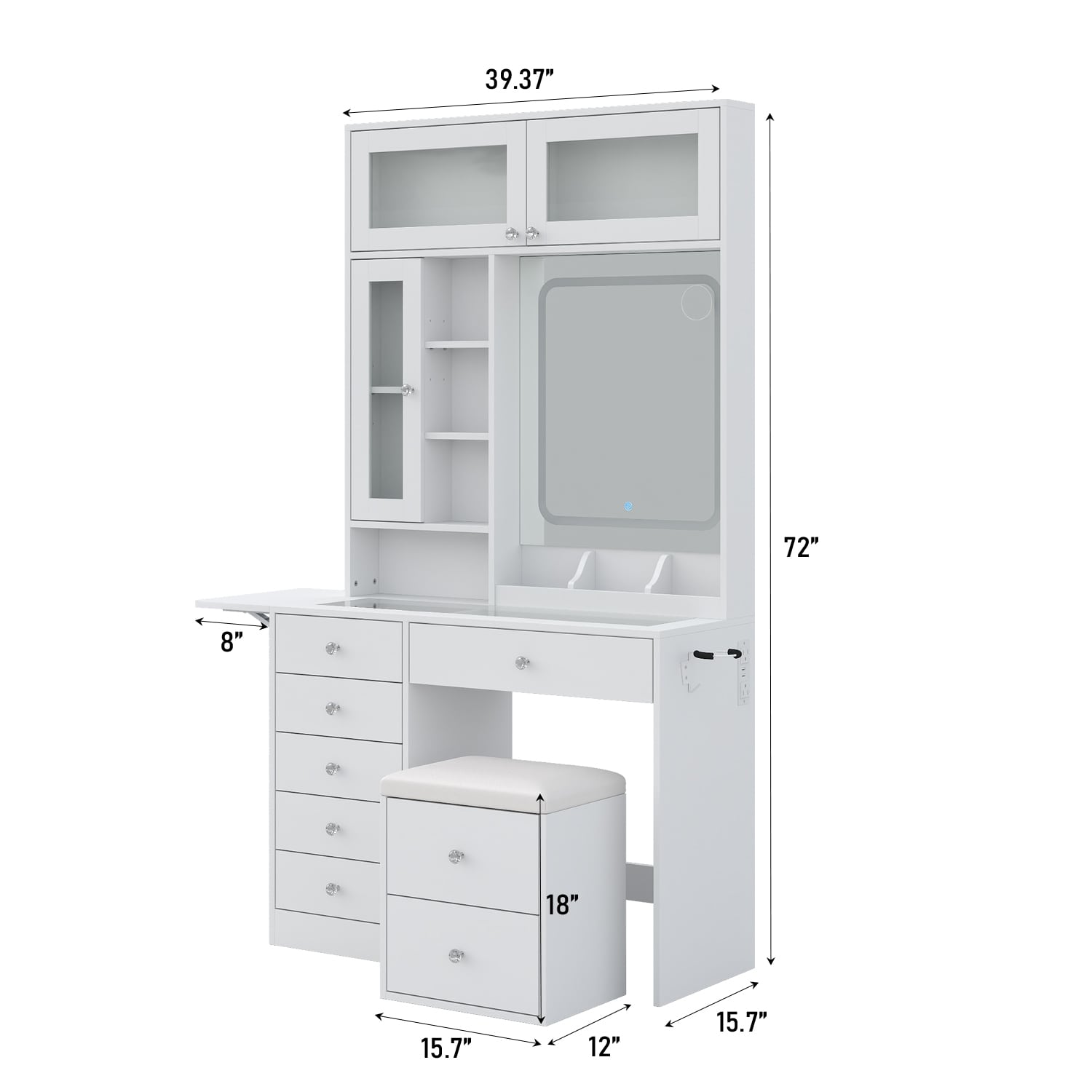 Yanosaku VD022 Vanity Desk with Mirror, Lights, Drawers, Stool, White Lootquake LLC