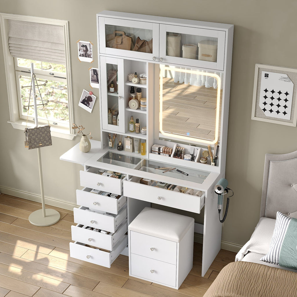 Yanosaku VD022 Vanity Desk with Mirror, Lights, Drawers, Stool, White Lootquake LLC