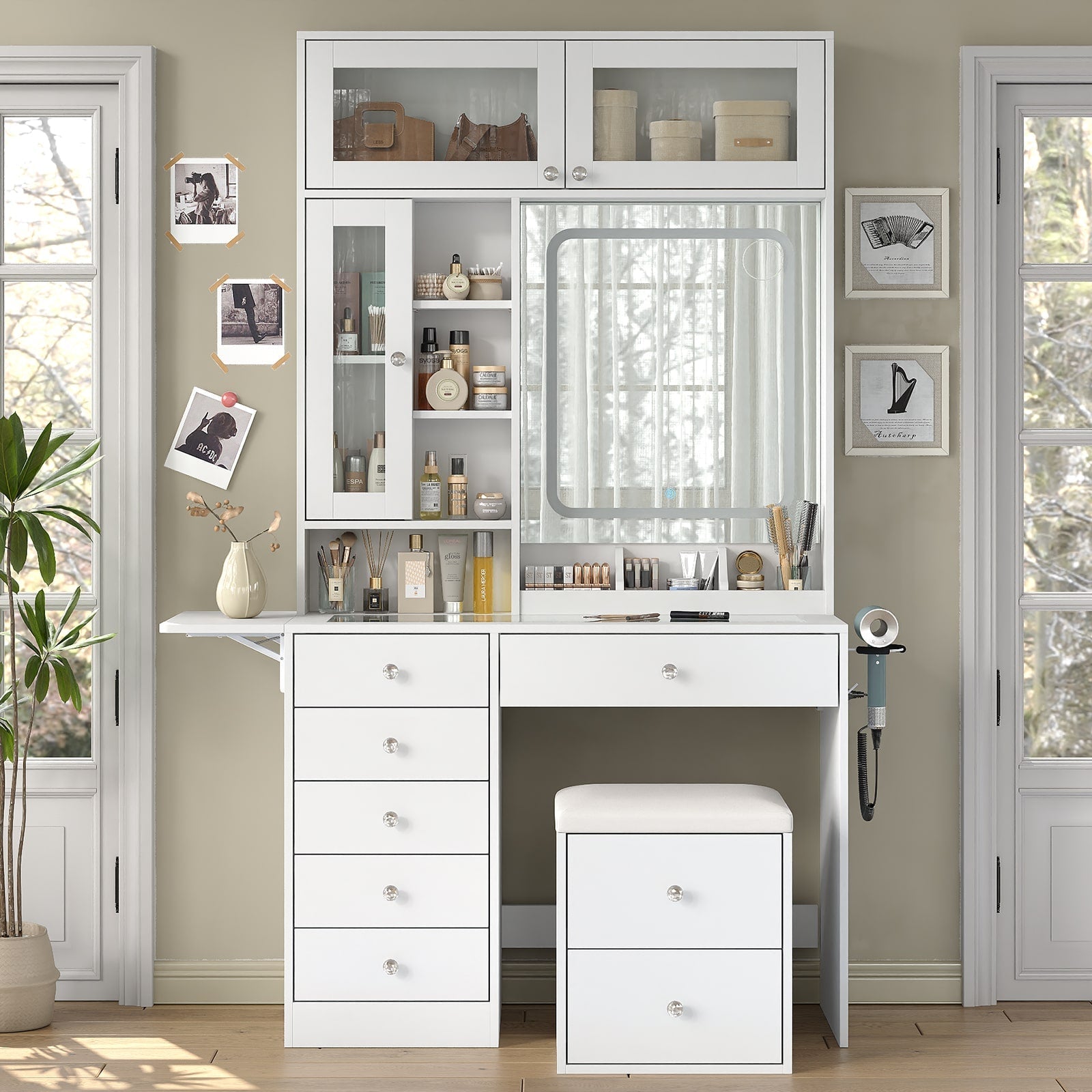 Yanosaku VD022 Vanity Desk with Mirror, Lights, Drawers, Stool, White Lootquake LLC