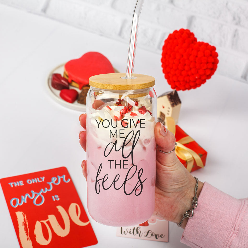 You Give Me All The Feels 20oz Glass Cup With Bamboo Lid Cute Gift BandsCo Straps