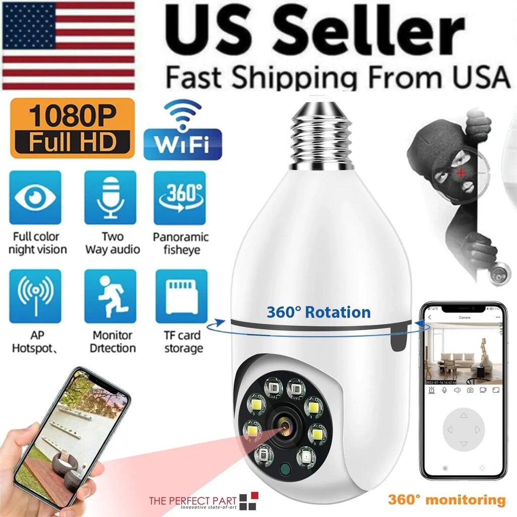 360° 1080P IP E27 Light Bulb Camera Wi-Fi IR Night Smart Home Wireless Security Pi-Mart
