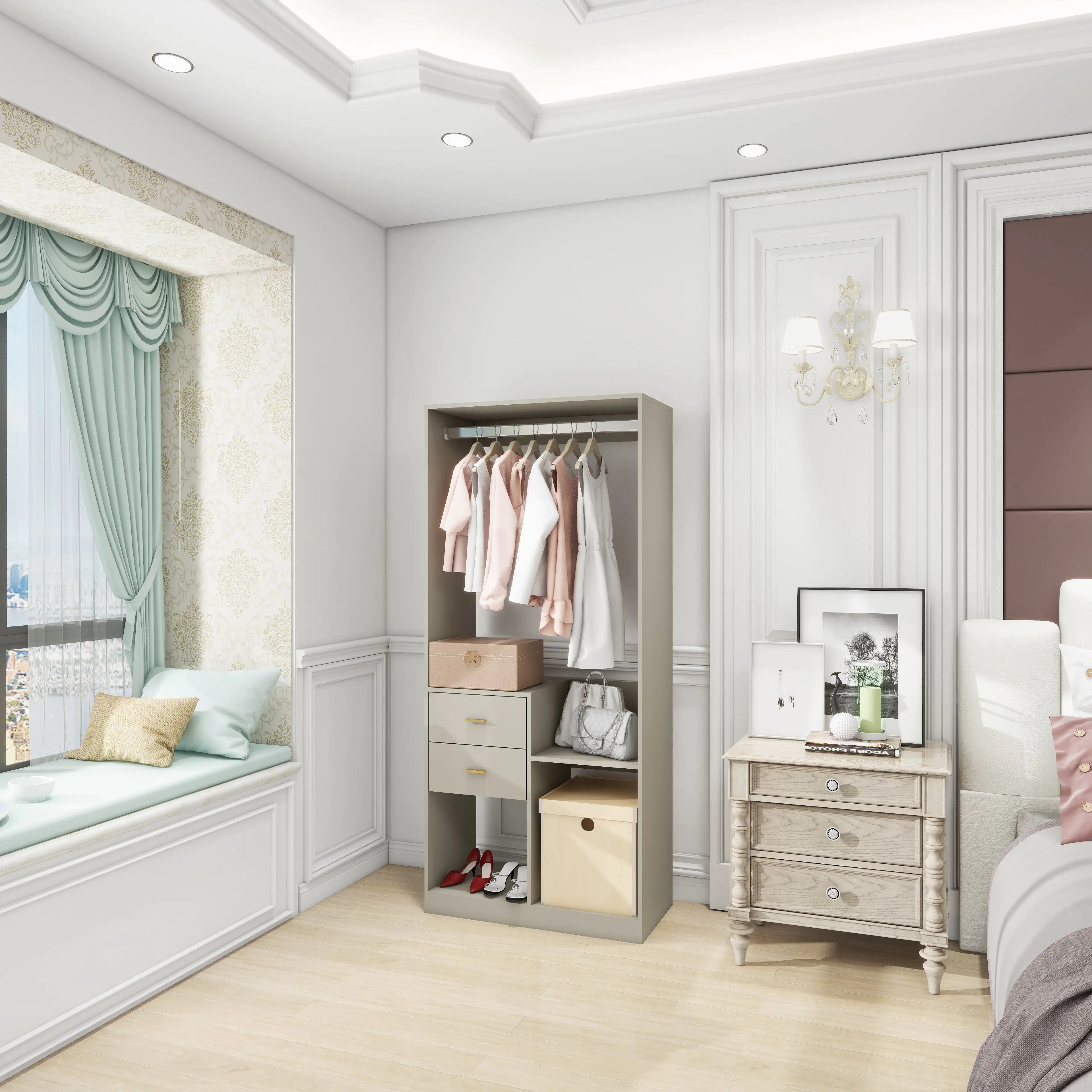 YG-303 Stand-Alone Wood Closet System for Walk in Closets with 2 Drawers Hanging Rods and Shelves Clothes Storage Cabinet Built-in Closet Organizer for Bedroom 31.5"L x 15.7"W x 70.8"H Gray Pi-Mart