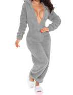 HRESSLBD Womens Warm Fuzzy Fleece Hooded Romper Pant Playsuit Jumpsuit Womens Cute Warm Fuzzy Fleece One Piece Outfit Pajamas (Light Gray S)