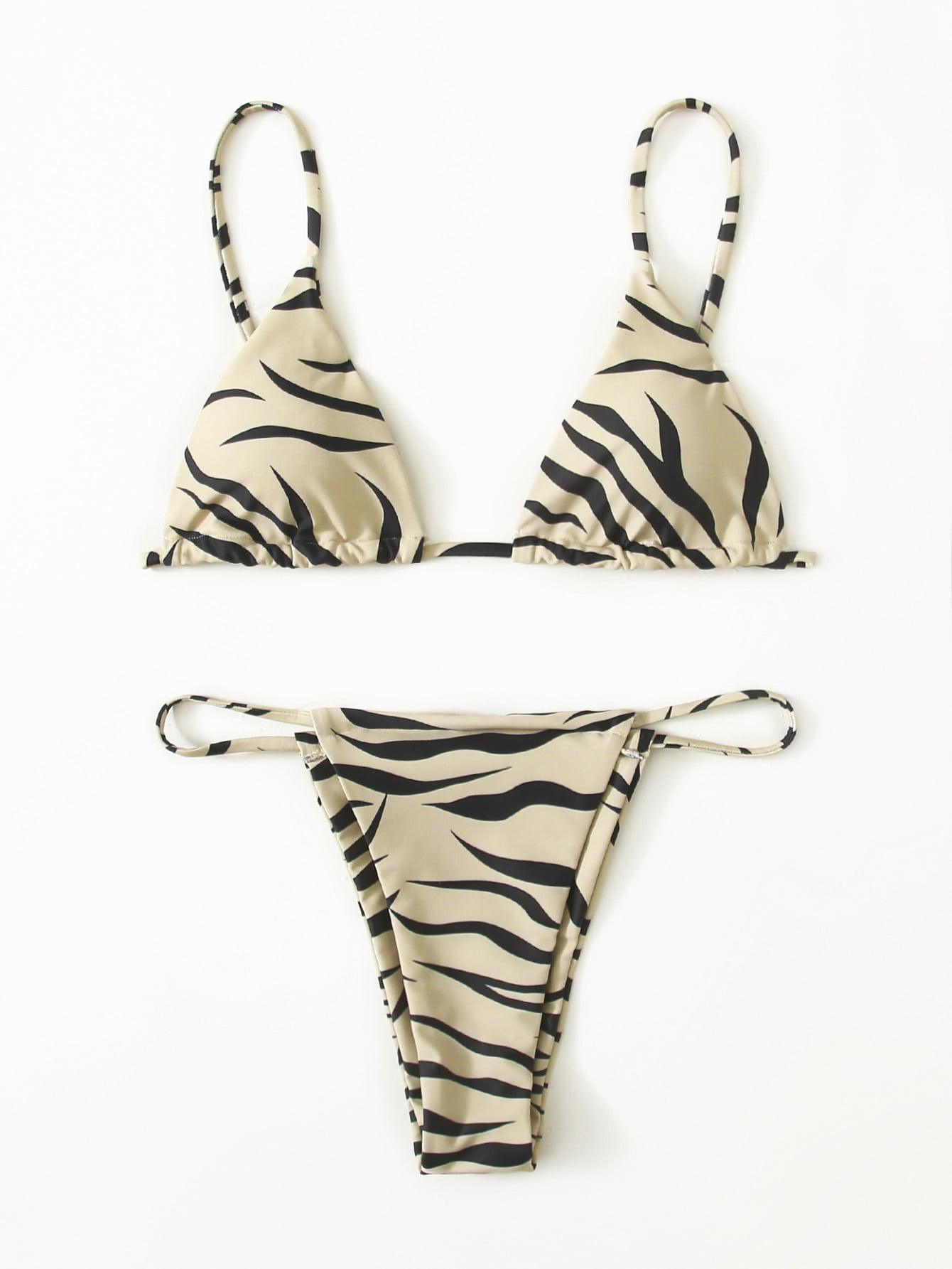 Zebra Print Push Up Bikini New Arrival Padded Bra Low Waist Swimsuit Female Swimwear Women Women's Ruffle Triangle Bikini Frill Printed String Tie Side Two Piece Set Swimsuit Stevvex
