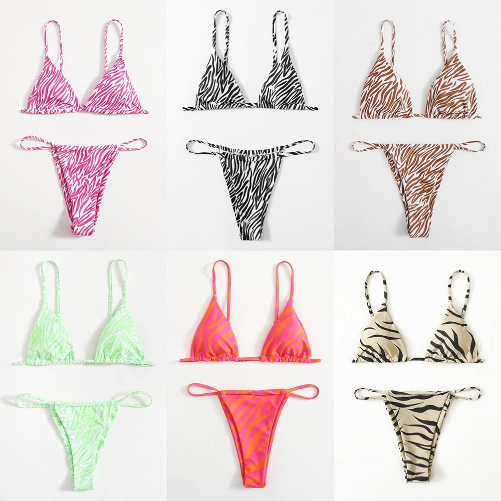 Zebra Print Push Up Bikini New Arrival Padded Bra Low Waist Swimsuit Female Swimwear Women Women's Ruffle Triangle Bikini Frill Printed String Tie Side Two Piece Set Swimsuit Stevvex