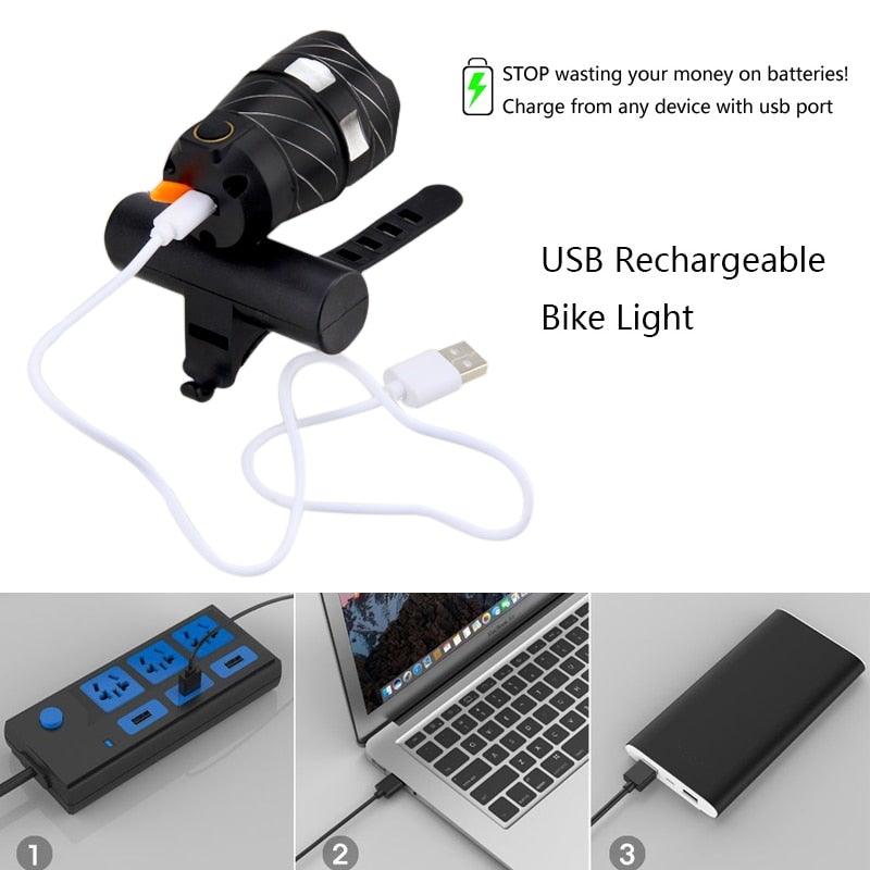 Zoomable LED Bicycle Light Bike Front Lamp Headlight With USB Rechargeable Built-In Battery Bike Light Set USB Rechargeable Powerful LED Bicycle Headlight And Tail Light Combo Stevvex