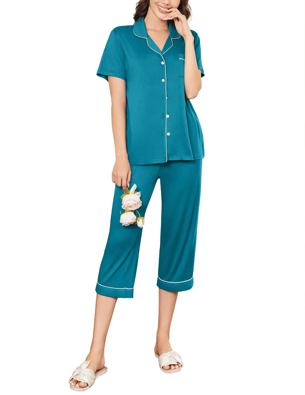 Ekouaer Capri Pajamas for Women Short Sleeve Button Down Sleepwear Comfy Lounge Set 2-Piece Pants Pjs Blue Green Large Lootquake LLC