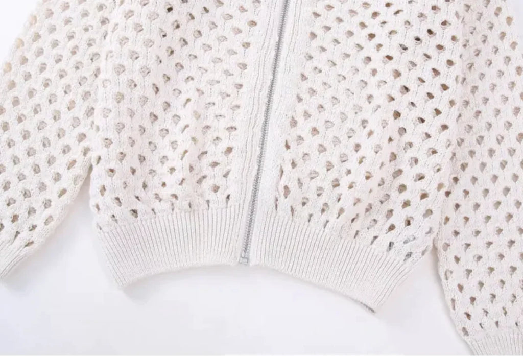 Open Knit Zip-Up Bomber Jacket Pi-Mart